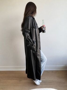 Vintage Long Black Leather Trench Coat jacket
